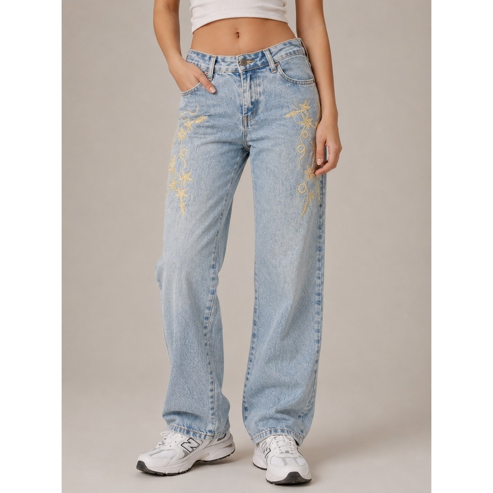Venus USA Embroidered Floral Jeans Y2K Boho Streetwear Light Wash Cotton Size 11
